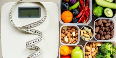 Sağlık alışverişi sepeti yanında mezura, tartı ve vitamin kutuları ile vücut analizi konsepti.
